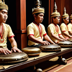 "A Gamelan ensemble performing in a traditional Javanese setting. Focus on the intricate details of the instruments (gongs, metallophones), the musicians in traditional attire, and the atmosphere of serenity and contemplation. Capture the spiritual significance of the Gamelan performance, perhaps with subtle lighting or visual cues. Warm, inviting tones. High detail, realistic."