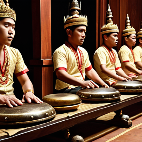 "A Gamelan ensemble performing in a traditional Javanese setting. Focus on the intricate details of the instruments (gongs, metallophones), the musicians in traditional attire, and the atmosphere of serenity and contemplation. Capture the spiritual significance of the Gamelan performance, perhaps with subtle lighting or visual cues. Warm, inviting tones. High detail, realistic."