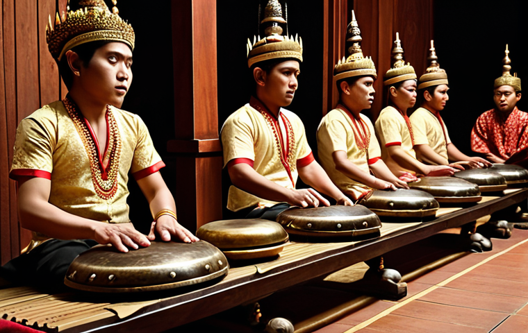 "A Gamelan ensemble performing in a traditional Javanese setting. Focus on the intricate details of the instruments (gongs, metallophones), the musicians in traditional attire, and the atmosphere of serenity and contemplation. Capture the spiritual significance of the Gamelan performance, perhaps with subtle lighting or visual cues. Warm, inviting tones. High detail, realistic."