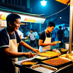 Culinary Night Treasures**

"A bustling Jakarta street at night, filled with food stalls and people enjoying delicious Indonesian street food, fully clothed, appropriate attire, safe for work, perfect anatomy, natural proportions, professional food photography, high quality, vendors grilling satay, customers eating martabak, warm and inviting atmosphere, family-friendly."

**