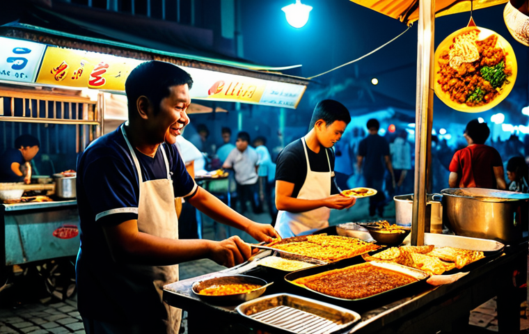 Culinary Night Treasures**
"A bustling Jakarta street at night, filled with food stalls and people enjoying delicious Indonesian street food, fully clothed, appropriate attire, safe for work, perfect anatomy, natural proportions, professional food photography, high quality, vendors grilling satay, customers eating martabak, warm and inviting atmosphere, family-friendly."
**