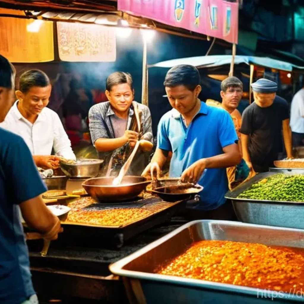 족자카르타에서의 전통 음식 투어 - **Prompt:** A vibrant, bustling night street food market scene in Yogyakarta, Indonesia. The atmosph...