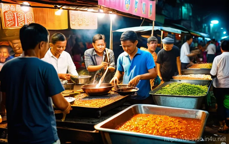 족자카르타에서의 전통 음식 투어 - **Prompt:** A vibrant, bustling night street food market scene in Yogyakarta, Indonesia. The atmosph...