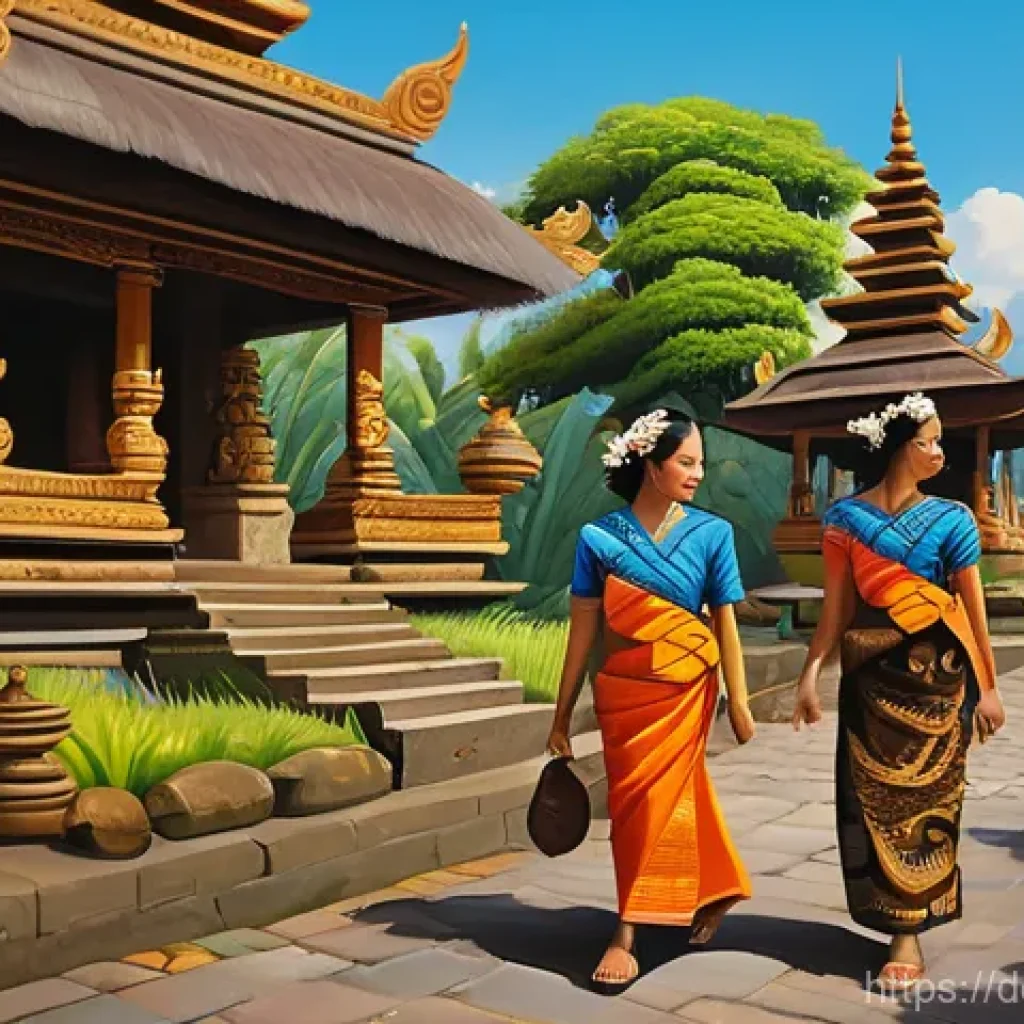발리에서의 예술 전시회 - **Vibrant Balinese Village Life Painting:** A highly detailed and richly colored painting in the tra...