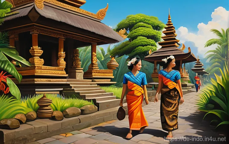 발리에서의 예술 전시회 - **Vibrant Balinese Village Life Painting:** A highly detailed and richly colored painting in the tra...