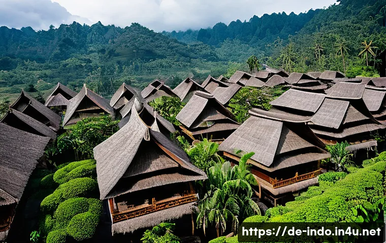 인도네시아 전통 주택 - Majestic Indonesian Rooflines: A Symphony of Culture and Craft**
A vibrant, highly detailed, eye-lev...