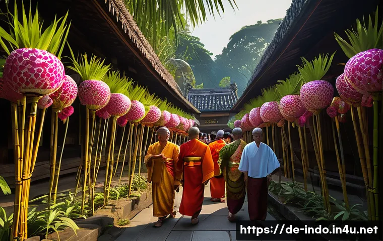 인도네시아의 종교적 축제 - **Prompt:** A vibrant and spiritual Balinese temple festival scene at sunset. The image features a p...