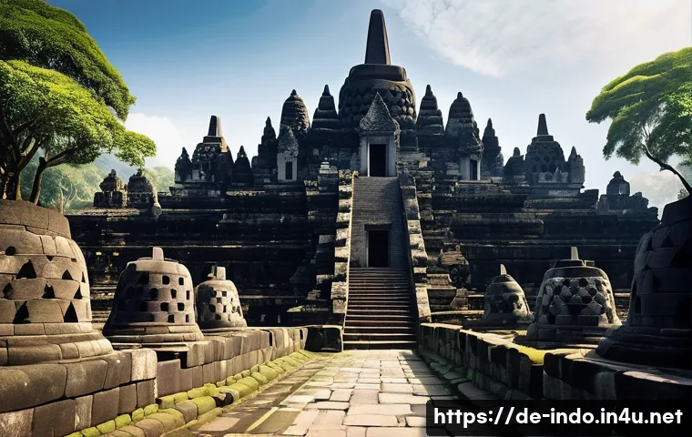 보로부두르 사원 역사 - **Prompt:** A breathtaking wide-angle shot of the ancient Borobudur temple in Indonesia, during its ...