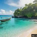 발리의 신혼여행 추천 - A serene hidden beach in Bali at sunrise, featuring crystal-clear turquoise water gently lapping aga...
