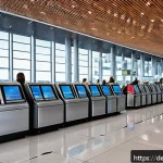 자카르타 국제공항 가이드 - A modern, bustling international airport terminal in Germany, showing travelers at self check-in kio...