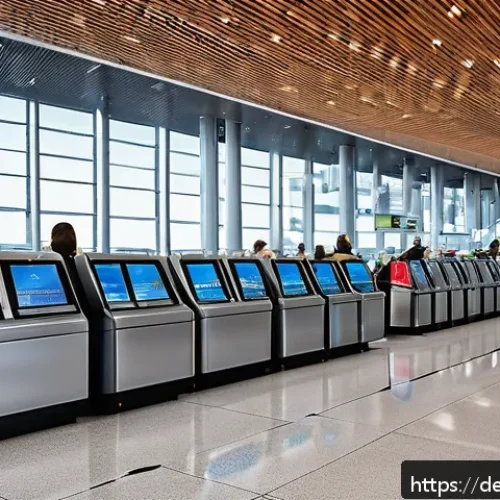 자카르타 국제공항 가이드 - A modern, bustling international airport terminal in Germany, showing travelers at self check-in kio...