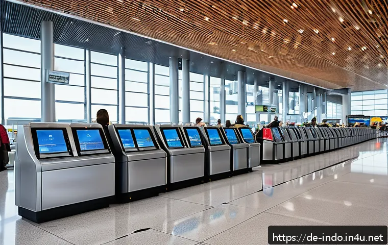 자카르타 국제공항 가이드 - A modern, bustling international airport terminal in Germany, showing travelers at self check-in kio...