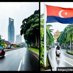 인도네시아와 말레이시아의 차이점 - Photorealistic side-by-side travel comparison scene, left half Indonesia: a Jakarta street with red-...