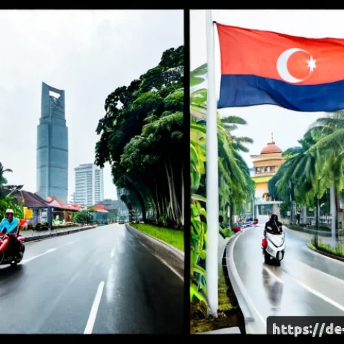 인도네시아와 말레이시아의 차이점 - Photorealistic side-by-side travel comparison scene, left half Indonesia: a Jakarta street with red-...