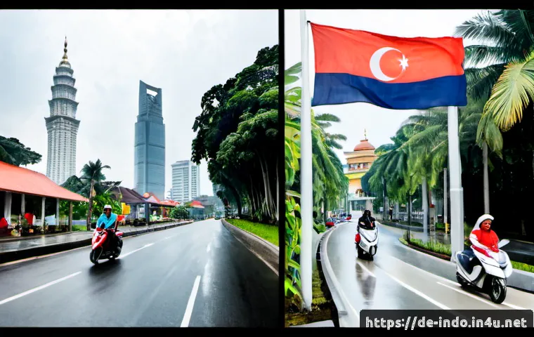 인도네시아와 말레이시아의 차이점 - Photorealistic side-by-side travel comparison scene, left half Indonesia: a Jakarta street with red-...