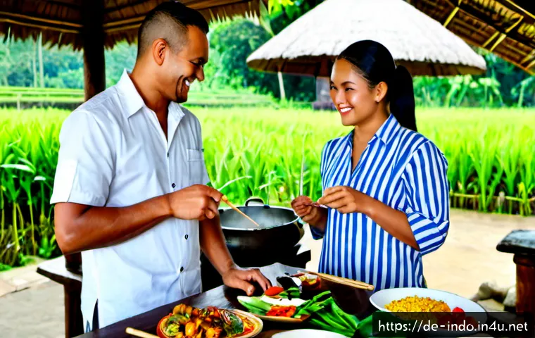 발리에서의 요리 수업 - Photorealistic Bali cooking class in an open-air tropical kitchen, German couple in casual travel cl...