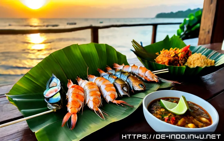 인도네시아 해산물 요리 - Photorealistic Indonesian seafood feast on a rustic wooden table, grilled whole fish wrapped in bana...